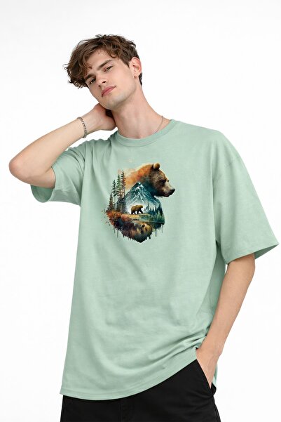 Zerenyus Bear2 - Premium Pamuklu Kumaş Oversize Unisex Tişört Su Yeşili