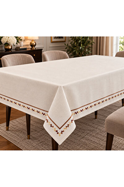 Zeren Home Zeren Motif Nakış ve Bronz Piko Detaylı Krem Masa Örtüsü - Özel Öl...