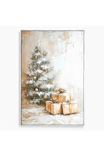 Luxcanva Tablou Canvas Brad Si Cadouri De Craciun 50x70 cm cu Rama Argintiu E...