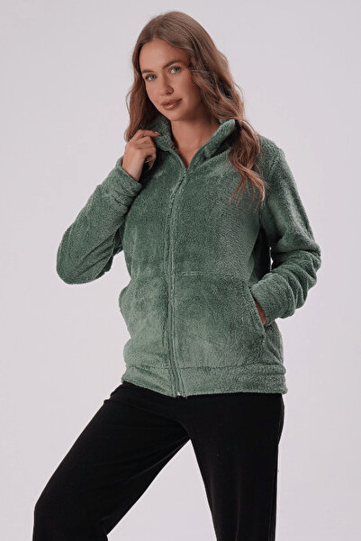 K KOZZ STYLE Emerald Green Stand Collar Plush Jacket with Pockets and Zipper
