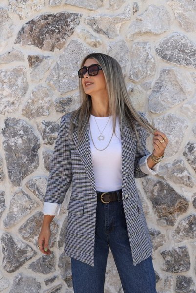 bytugcekaya Mavi Ekru Astarlı Kazayağı Blazer