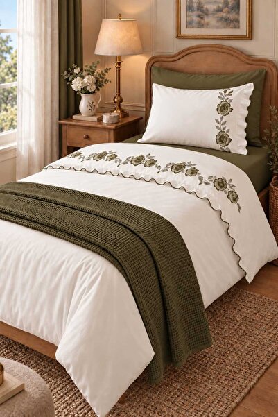 İK TEKSTİL Rosalin Rose Embroidered and Ruffled 100% Cotton 5 Piece Single Du...