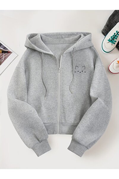 Toum Cute Cat Design Oversize Zippered Unisex Hooded Cardigan