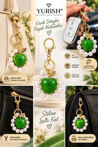 YURISH Women's Gold Chain Silvery Pearl Model Shimmering Green Apple Keychain Bag Ornament Fruit Accessory Charm