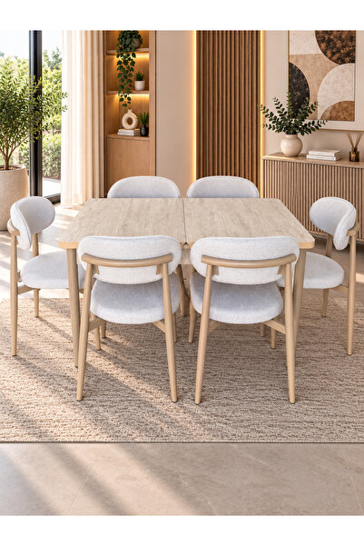 DEREN HOME Calvin Traverten 80x130 Ölçü Açılabilir Masa +6 Adet Metal İskelet...
