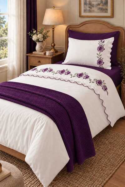 İK TEKSTİL Rosalin Rose Embroidered and Ruffled 100% Cotton 5 Piece Single Du...