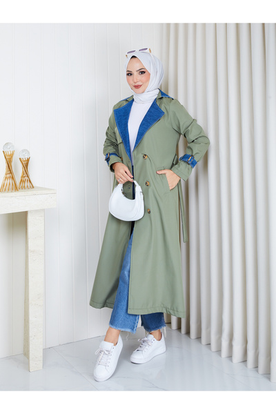 EFSUN MODA معطف نسائي من الدنيم بتفاصيل مفصلة