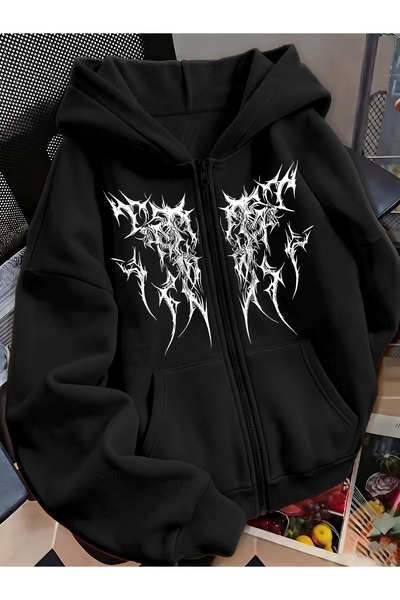 Toum Gothic Design Oversize Zippered Unisex Hooded Cardigan