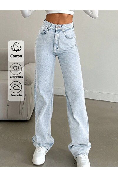 Kadın Buz Mavisi Yüksek Bel Wide Leg Jean - Pamuklu Bol Paça Kot Pantolon