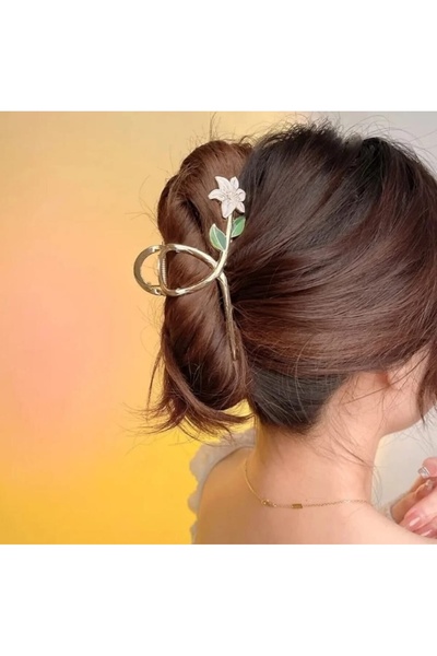 Lunarie Gold Metal Hair Clip with White Flower Figure - Stylish Large Hair Cl...
