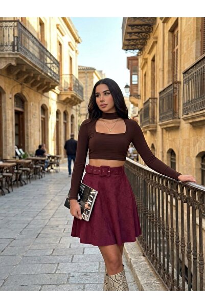 winmoda KLOŞ SÜET ETEK KEMERLİ / SUEDE SKIRT - BORDO