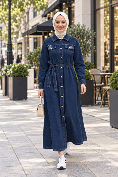 Hb Harma Time Butik Women's Buttoned Beaded Belted Denim Navy Blue Dress