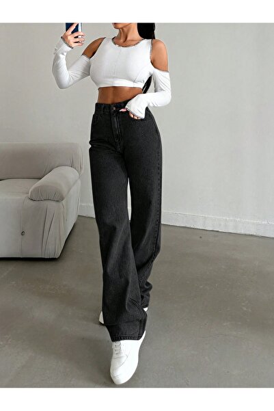 wivaro Kadın Siyah Yüksek Bel Wide Leg Jean - Bol Paça Denim Pantolon