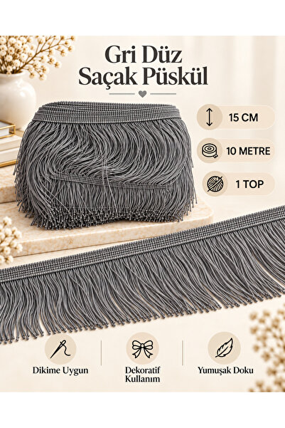 kubbe tekstil aksesuar Gri Düz Saçak Püskül 15 cm 10 Metre – Perde, Runner, M...