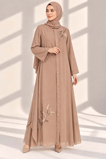 ottoman wear Büyük Beden Yaprak Desenli Şifon Ferace Vizon OTW36112