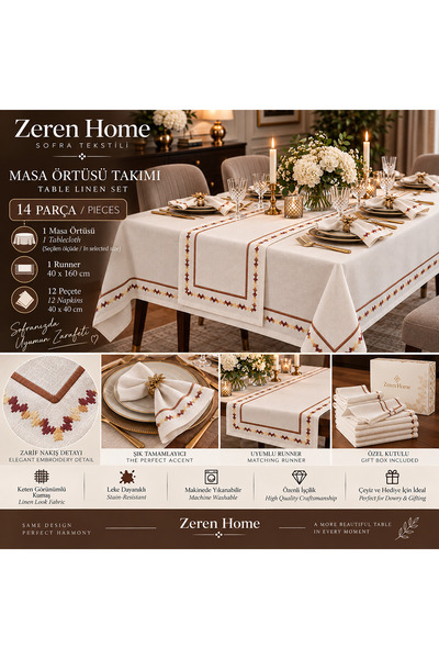 Zeren Home Zeren Nakış Pikolu Krem Renk Kutulu Masa Örtüsü Takımı – 1 Runner ...
