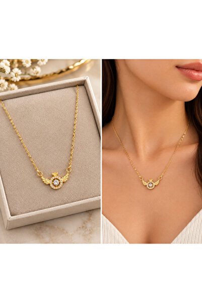 Melek Kanatlı Taşlı Gold Kolye – Zarif Kadın Kolye ✨
