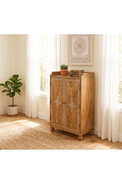 Ebticar Indian Wooden Storage Cabinet with Oriental Design and Carvings -Beige