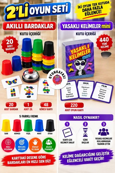 OYUNKAFASI Set of 2 Smart Cups and Banned Words Mini 2-Player Game Set – Speed Reflex Attention and Word Game