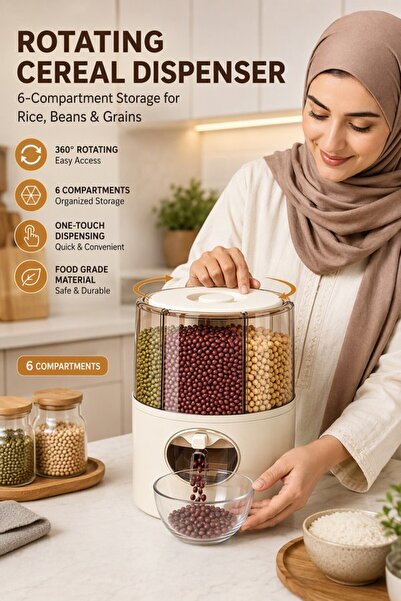 Generic حاوية تخزين الأرز الدوارة بـ 6 أقسام من البولي بروبيلين، وعاء مطبخ مق...