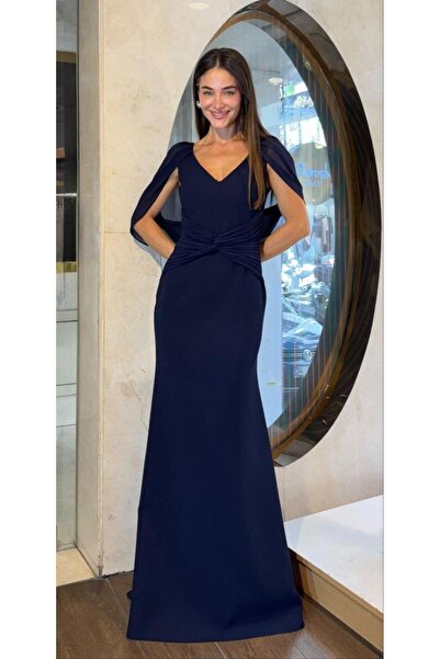 SpringStore Lacivert Pelerinli Krep Abiye