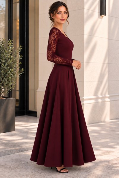 JANES Women's Long Sleeve Wavy V-Neck Lace Sleeve Detailed Crepe Long Evening Dress