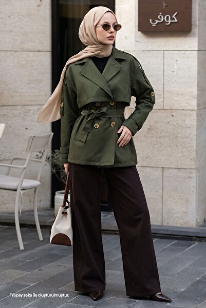 InStyle Apolet Detail Khaki Short Trench Coat