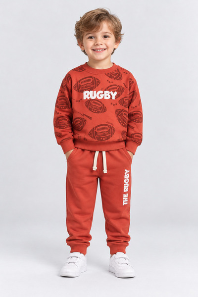 AHENGİM Boys' Rugby Ball Printed Cotton Sweatshirt and Pants Tracksuit Set Ak119