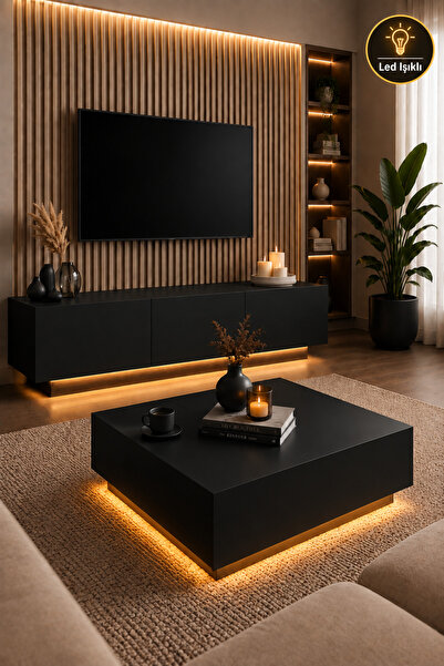 webotto 8 Almad Led Işıklı Siyah Tv Ünitesi ve Nisay Led Işıklı Kare Orta Seh...