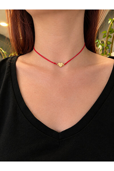 Kadın Kırmızı İpli Altın Renk Kalp Figürlü Şık Choker Kolye