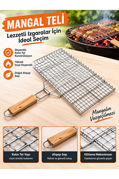 Hzm Collection Büyük Kafesli Tel Izgara, Mangal Izgarası 30x40 Ahşap Kulplu P...
