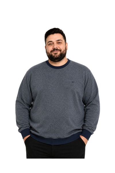 BattalModa Men's Large Size Melange Indigo Thessaloniki Crew Neck Sweatshirt ...