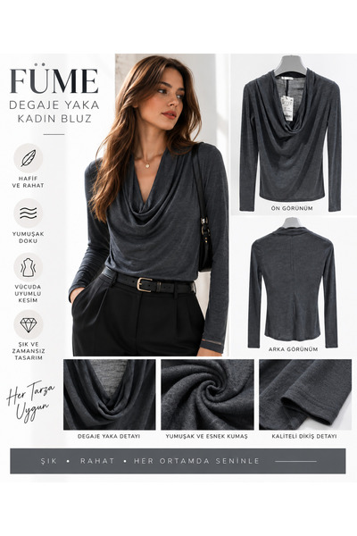 Ravello Collection Füme Degaje Yaka Uzun Kollu Kadın Bluz