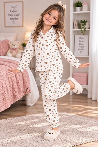 SERPİL Girl's Brown Heart Patterned Pajama Set – Long Sleeve Shirt Collar Chi...