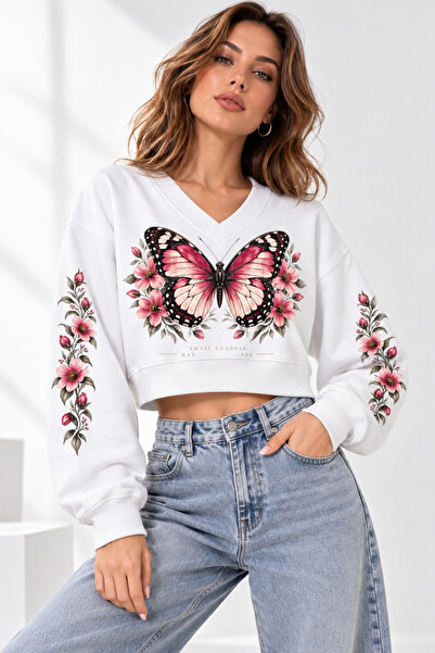 FUWEAR سويت شيرت نسائي كبير الحجم بطبعة فراشة وياقة على شكل حرف V