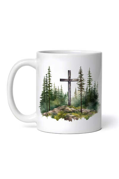 INOVATIX Personalized White Mug, Cross In The Fir Forest, Inovatix®. 330ml