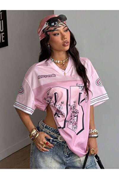 Weekeep Kadın Pembe Oversize Sakura Renkli Baskılı V Yaka Forma / Jersey T-Shirt