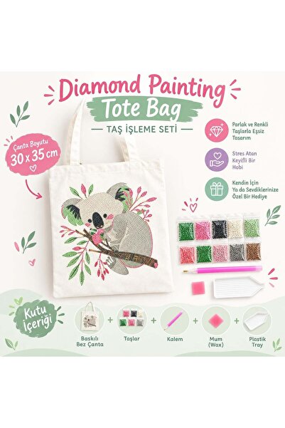 iğne izi 5D Elmas Taş İşlemeli Bez Çanta 30x35cm, Diamond Painting Tote Bag G...