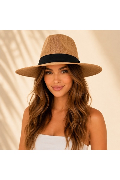 FashionForYou Pălărie de plajă Azaleea, cu bor larg și bandă neagră, Maro