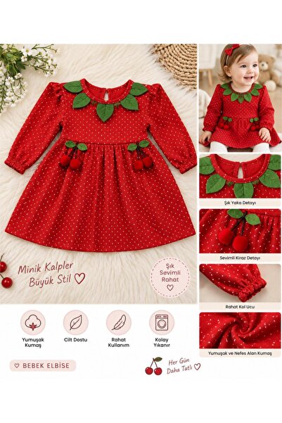 Elyesa Baby Kız Bebek Kiraz Detaylı Puantiyeli -Astarlı - Kırmızı Elbise