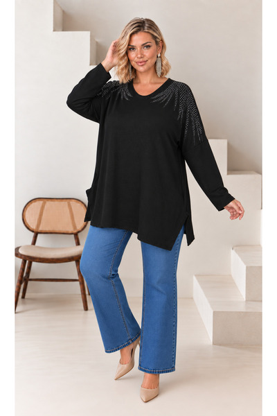 Butik Nilyam Women's Plus Size V-Neck Long Sleeve Shoulder Stone Embroidered ...