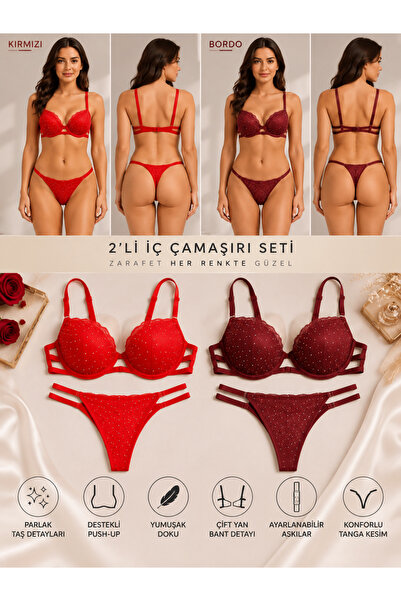Luvia Lingerie 2’li Bordo & Kırmızı Taşlı Push-Up Sütyen Tanga Takımı – Çift ...
