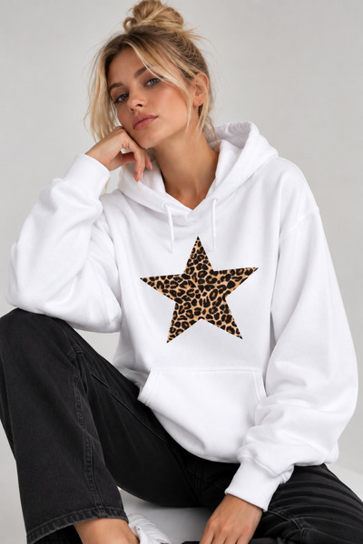 Jooy Leopar Yıldız Baskılı Kadın Kapüşonlu Sweatshirt Hoodie