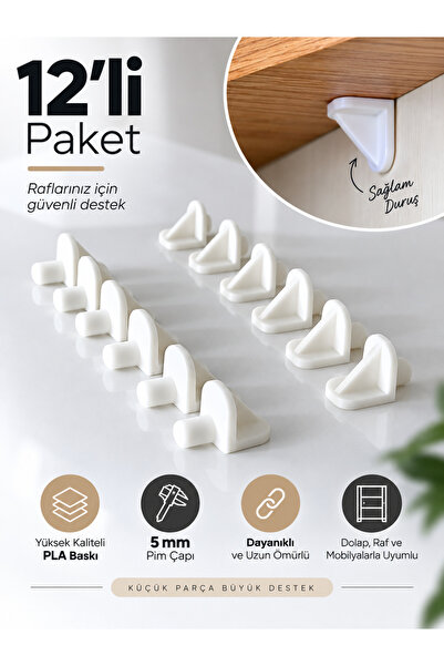 Mabs Tech 12'li Plastik Raf Pimi Braket - 5 mm Dolap ve Mobilya Raf Tutucu Be...