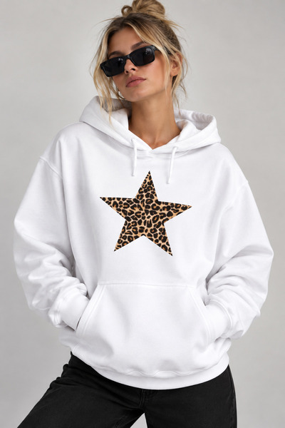 Jooy Leopar Yıldız Baskılı Kadın Kapüşonlu Sweatshirt Hoodie