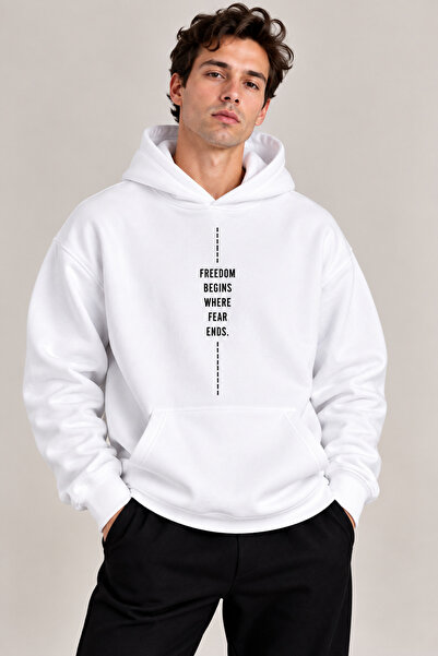 Jooy Fear Ends Detay Baskılı Erkek Kapüşonlu Sweatshirt Hoodie