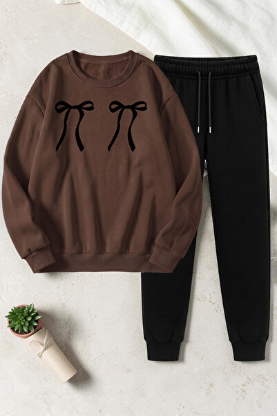 uyguntarz Unisex Leopard Patterned Ribbon Printed Crew Neck Sweatshirt - 2-Pi...