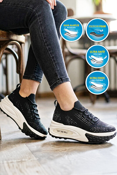 Voyager Black Knitted Stone Detailed Lace-Up Thick Comfortable Sole Women's C...