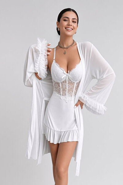 Visatin Lingerie Kadın Beyaz Dantel Detaylı Gecelik Sabahlık İkili Takım