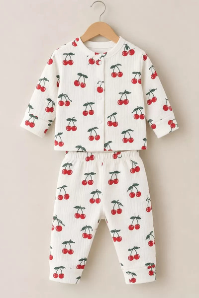 miyrem 3-12 Months Cherry Printed Combed Cotton Baby Pajama Set with Snap Fas...